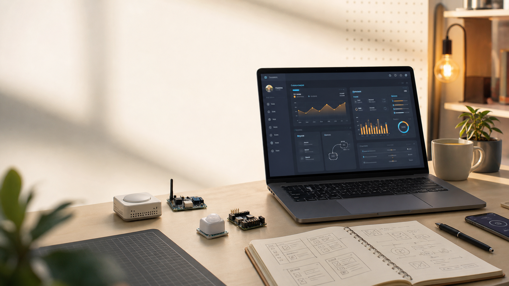 โต๊ะทำงานนักพัฒนา full-stack พร้อม dashboard และอุปกรณ์ IoT